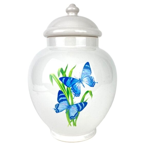 Vtg FTD Ginger Jar Urn Vase w/ Lid Blue Butterfly Cottagecore Storage Trinket - Picture 8 of 8